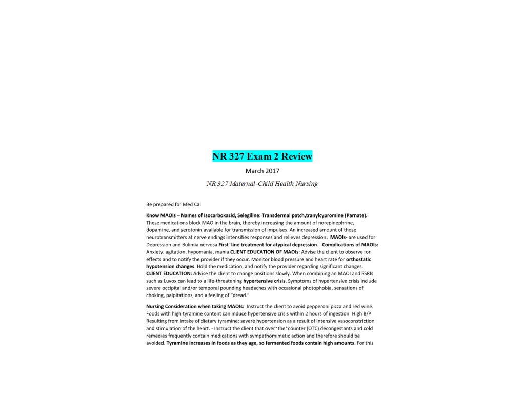 Nr 327 exam 2 review chamberlain devry course solutions notes
