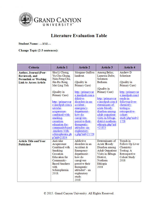 NRS 490 Topic 4 Assignment; Literature Evaluation Table