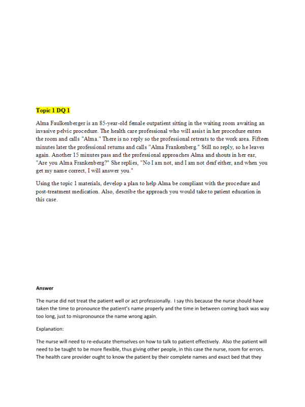 HLT 306V Topic 1 Discussion Question 1Summer Session