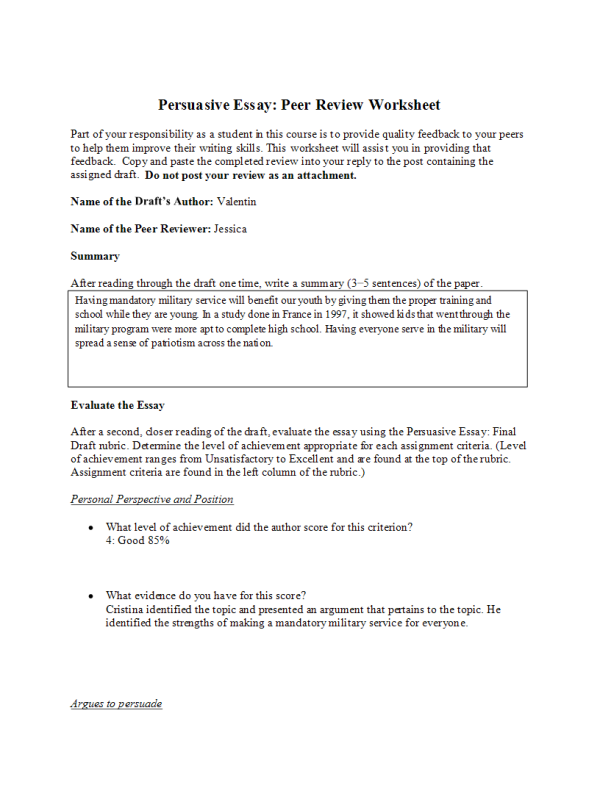 PHI 105 Topic 6 Assignment; Persuasive Essay; Peer Review Worksheet