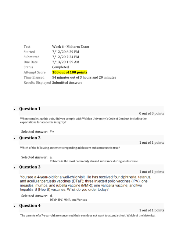 NURS 6541 Week 6 Midterm Exam100 out of 100 Points