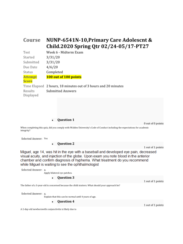 NURS 6541 Week 6 Midterm Exam100 out of 100 Points