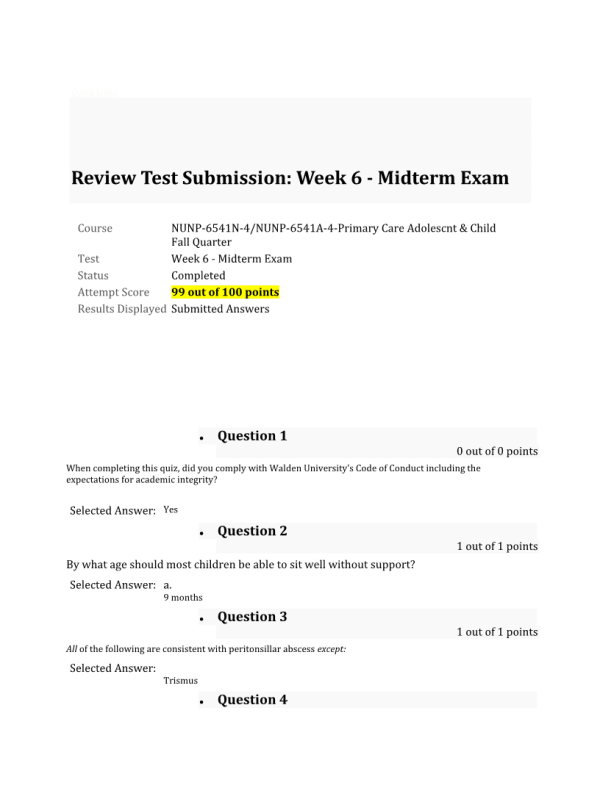 NURS 6541 Week 6 Midterm Exam99 out of 100 Points (Fall Quarter)