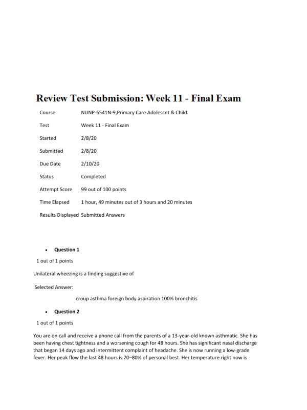 NURS 6541 Week 11 Final Exam99 out of 100 Points