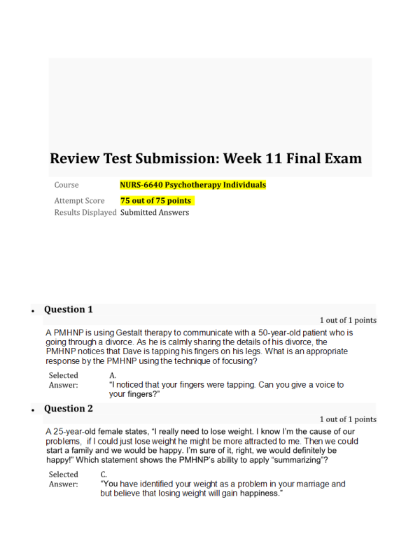 NURS 6640 Week 11 Final Exam75 out of 75 Points