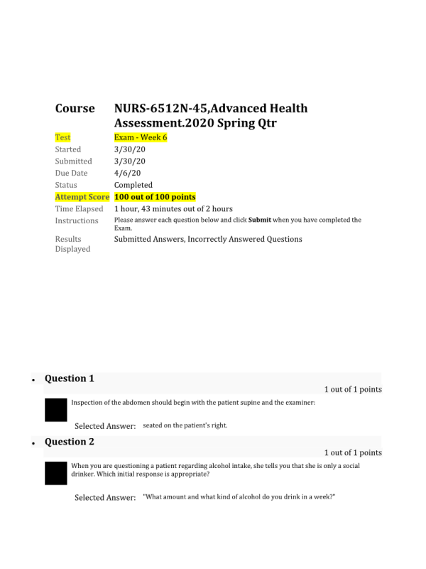 NURS 6512N-45 Week 6 Midterm Exam100 out of 100 Points