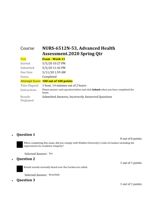 NURS 6512N-53 Week 11 Final Exam100 out of 100 Points