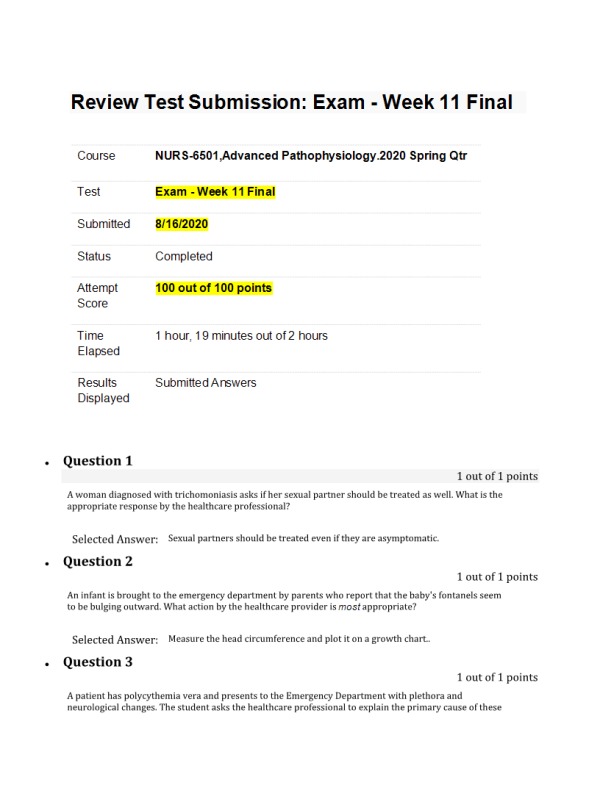 NURS 6501 Week 11 Final Exam100 out of 100 Points