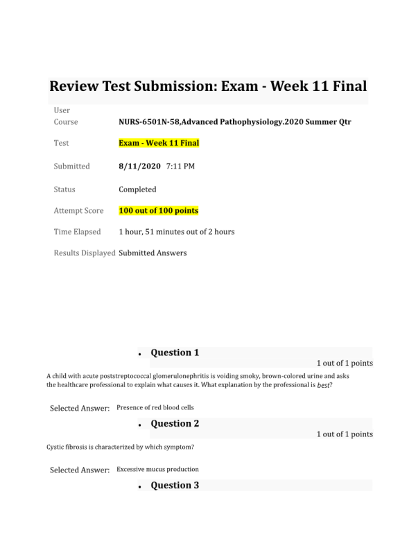 NURS 6501N-58Week 11 Final Exam100 out of 100 Points 