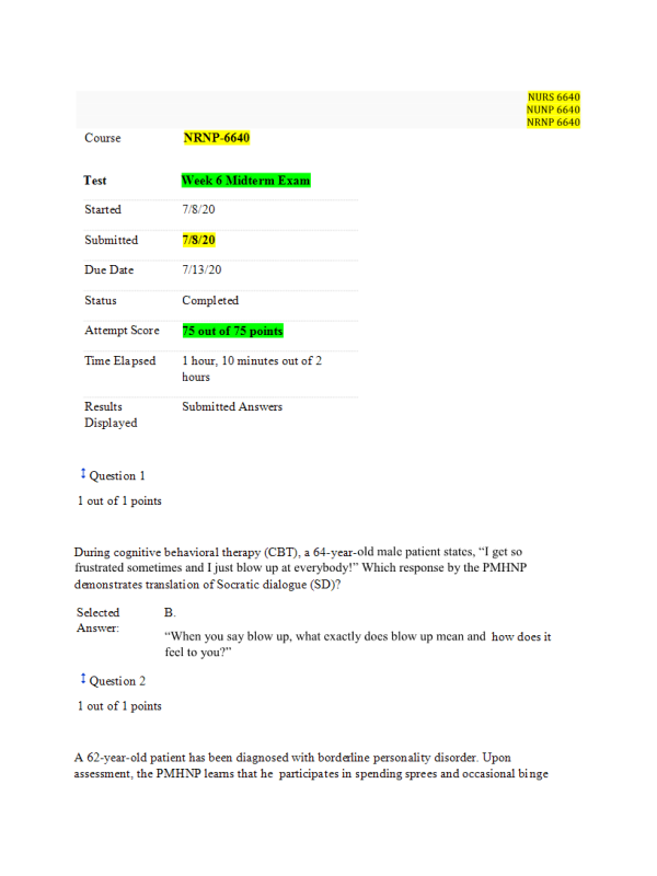 NURS 6640, NRNP 6640, Week 6 Midterm Exam75 out of 75 Points