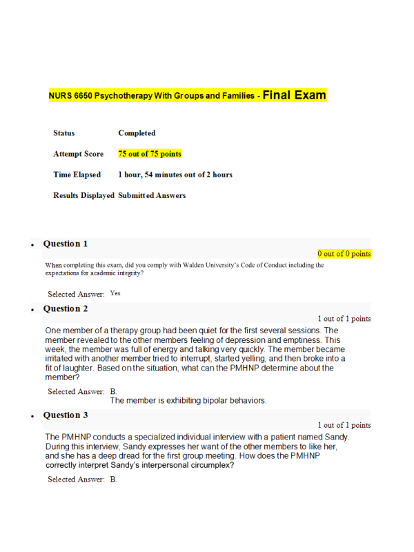 NURS 6650 Final Exam75 out of 75 Points (Summer Quarter)