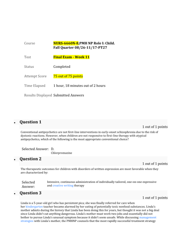 NURS 6660N-8 Week 11 Final Exam75 out of 75 Points (Fall Quarter)