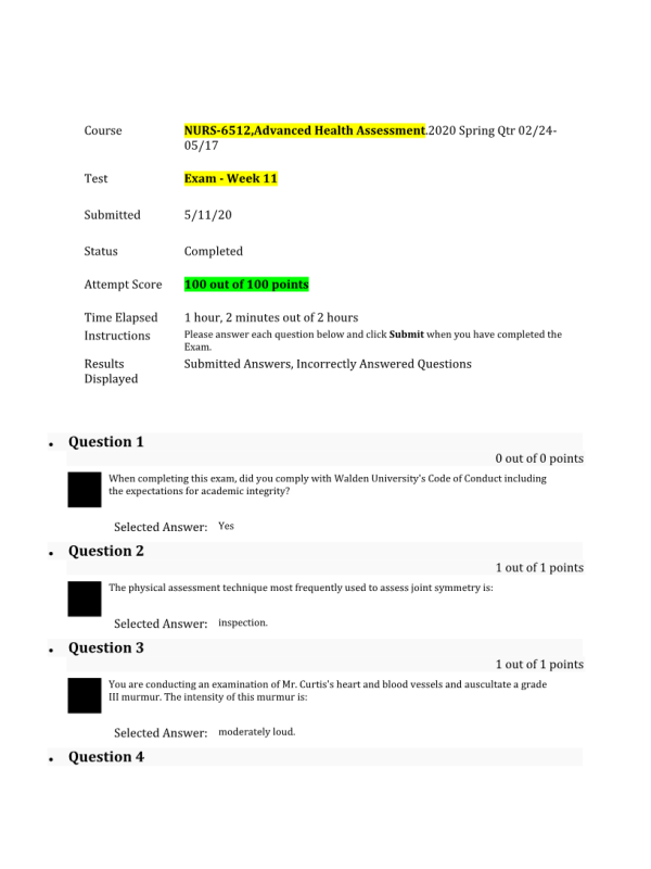 NURS 6512 Week 11 Final Exam100 out of 100 Points