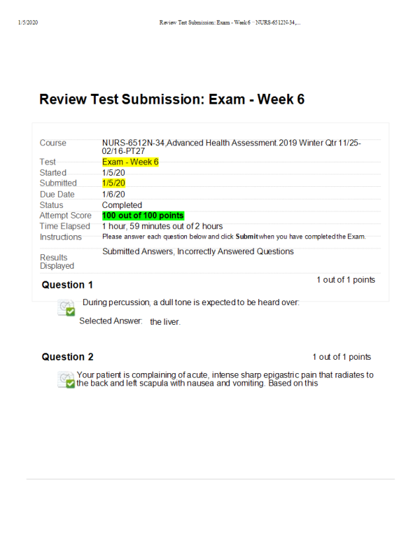 NURS 6512N-34, Week 6 Midterm Exam100 out of 100 Points