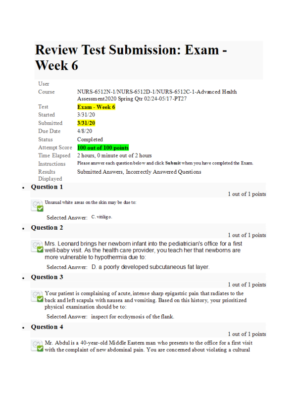 NURS-6512N-1, NURS-6512D-1, NURS-6512C-1Exam - Week 6 Midterm100 out of 100 Points