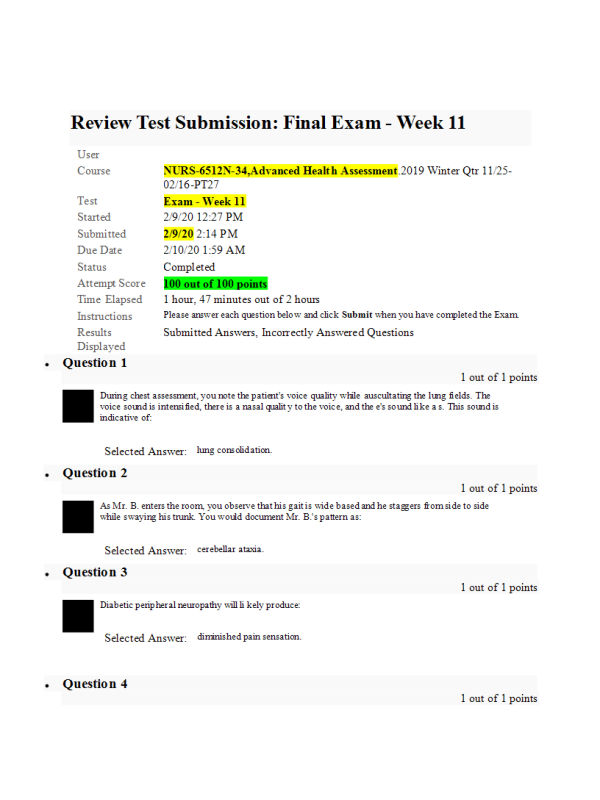 NURS 6512N-34, Week 11 Final Exam100 out of 100 Points