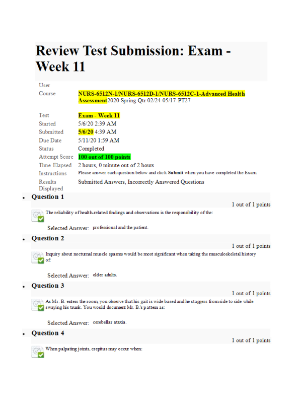 NURS 6512N-1, NURS-6512D-1, NURS-6512C-1, Week 11 Final Exam100 out of 100 Points