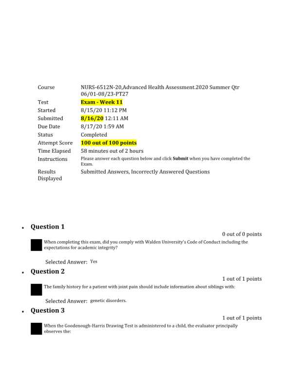 NURS 6512N-20 Week 11 Final Exam100 out of 100 Points
