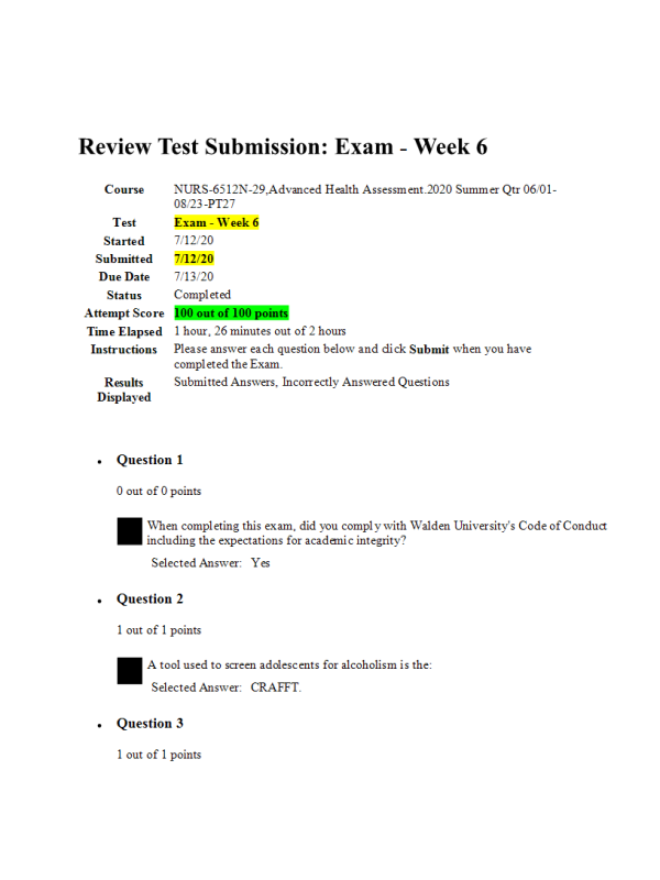 NURS 6512N-29 Week 6 Midterm Exam100 out of 100 Points