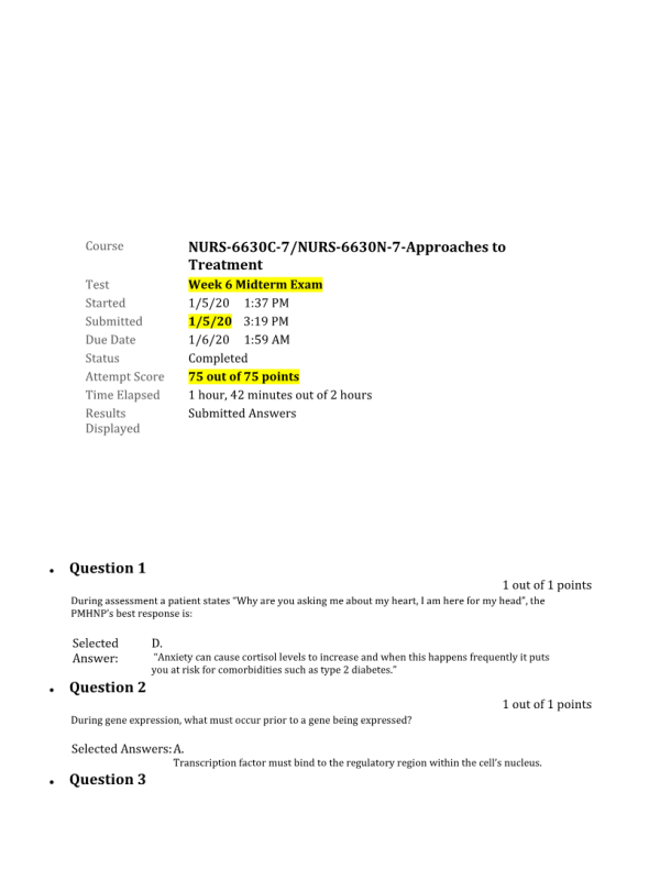 NURS 6630C-7, NURS-6630N-7; Exam - Week 6 Midterm (75 out of 75 Points)