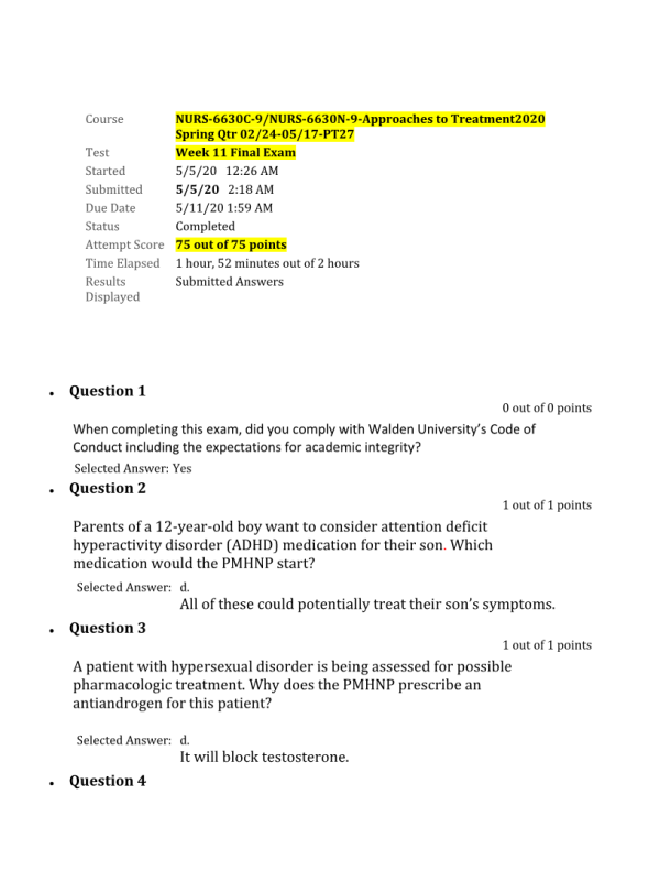 NURS 6630C-9, NURS-6630N-9; Exam - Week 11 Final (75 out of 75 Points)