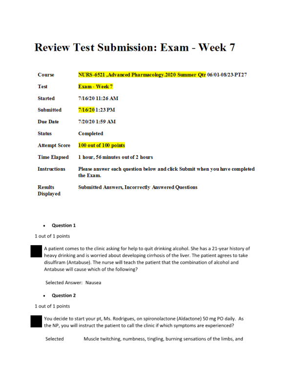 NURS 6521 Week 7 Midterm Exam; 100 out of 100 Points