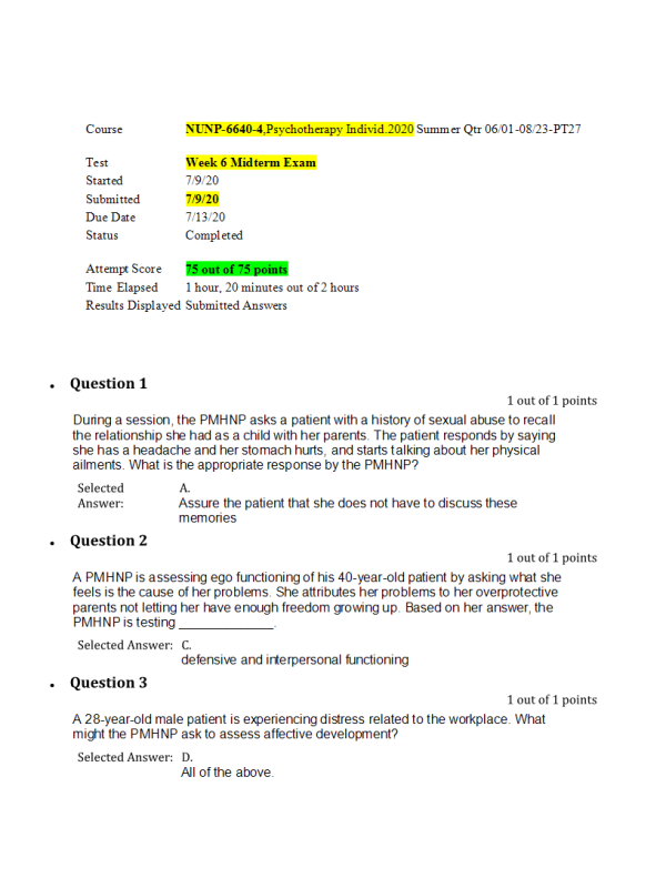 NUNP 6640-4; Week 6 Midterm Exam; 75 out of 75 Points (July 2020)