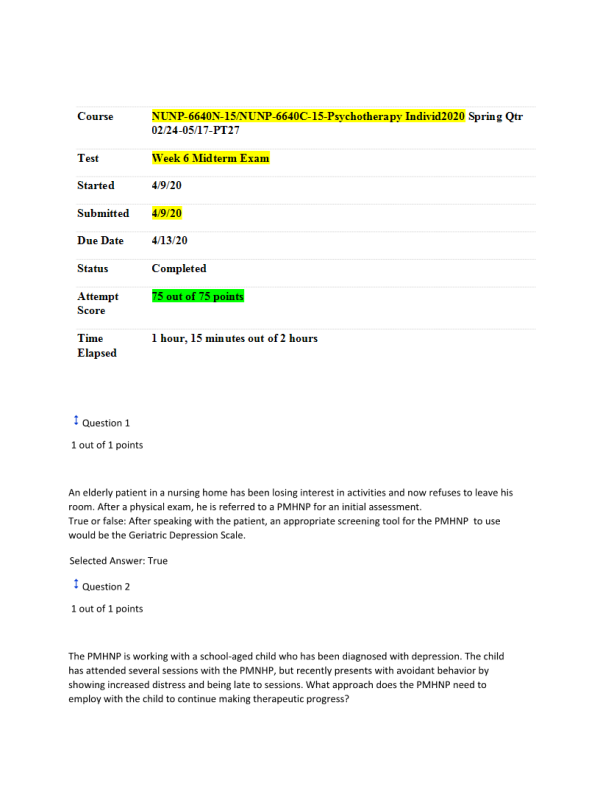 NUNP-6640N-15, NUNP-6640C-15; Week 6 Midterm Exam; 75 out of 75 Points (April 2020)