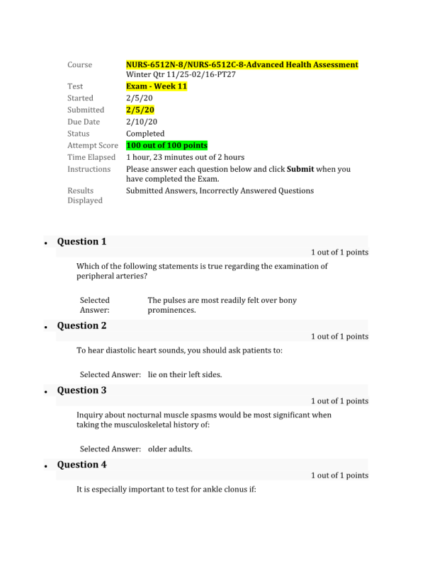 NURS 6512N-8, NURS-6512C-8; Exam - Week 11 Final; 100 out of 100 Points