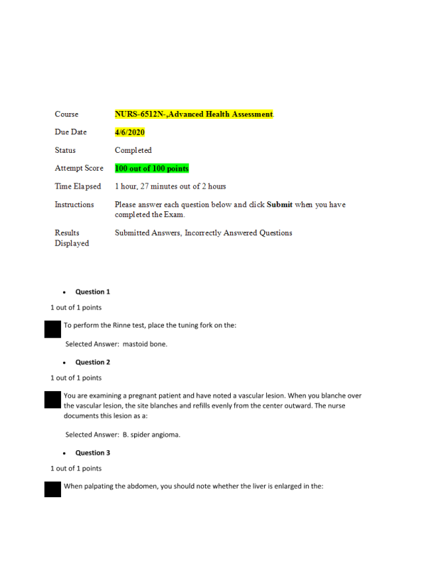 NURS 6512N-49; Week 6 Midterm Exam; 100 out of 100 Points