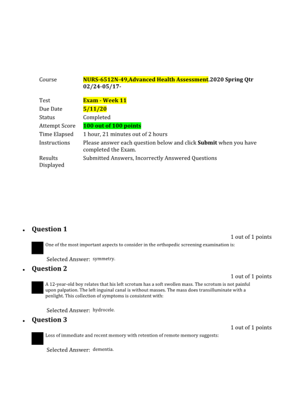 NURS 6512N-49 Week 11 Final Exam; 100 out of 100 Points