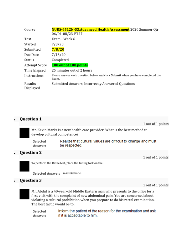 NURS 6512N-53 Week 6 Midterm Exam; 100 out of 100 Points