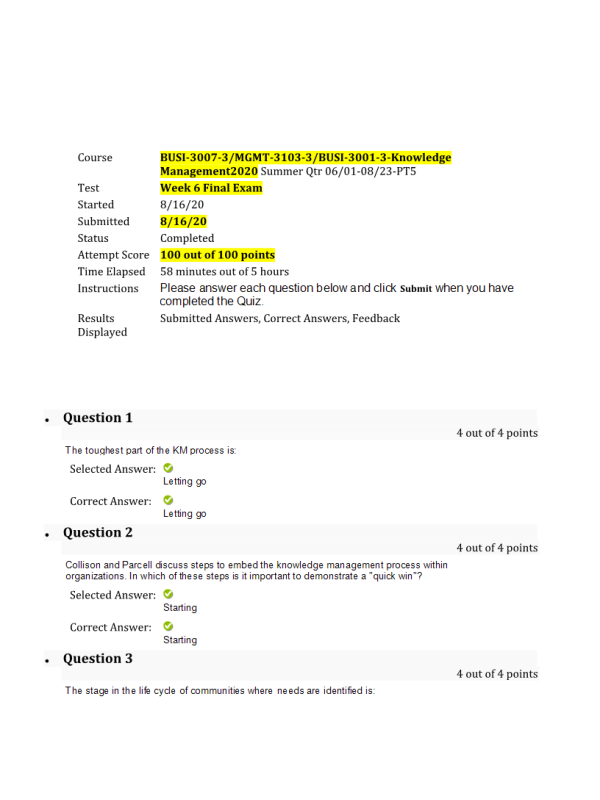 BUSI-3007-3, MGMT-3103-3, BUSI-3001-3; Week 6 Final Exam100 out of 100 Points