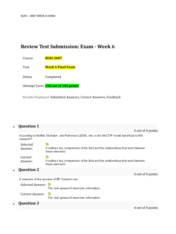 BUSI 3007 Week 6 Final Exam100 out of 100 Points
