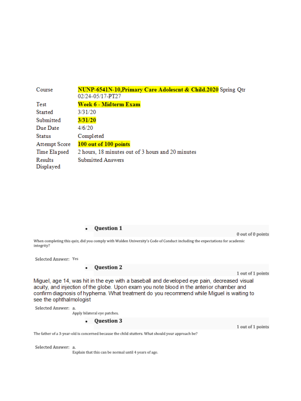 NUNP 6541N-10Week 6 - Midterm Exam - 100 out of 100 Points (March 2020)