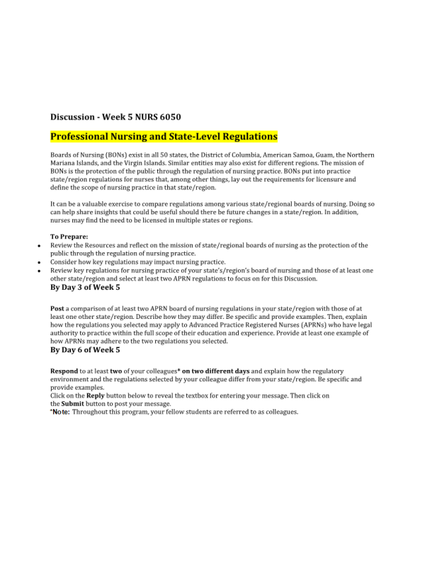 NURS 6050 Module 3 (Week 5) Discussion with Responses; Professional Nursing and State-level Regulations