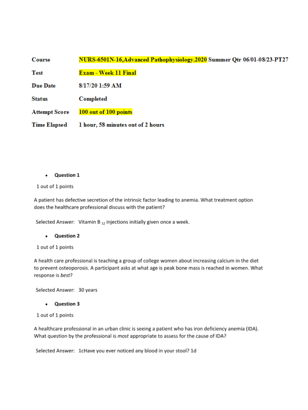 NURS 6501N-16, Advanced Pathophysiology; Week 11 Final Exam
