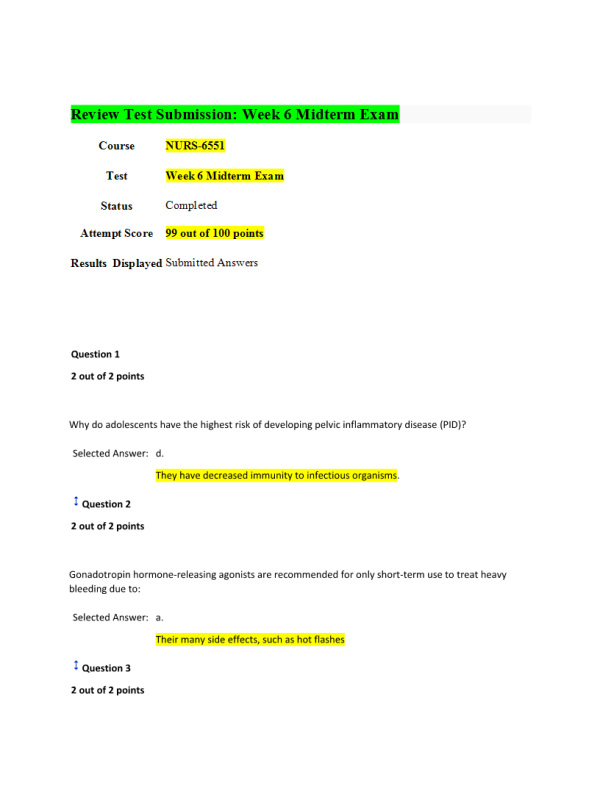 NURS 6551 Week 6 Midterm Exam (99 out of 100 Points)