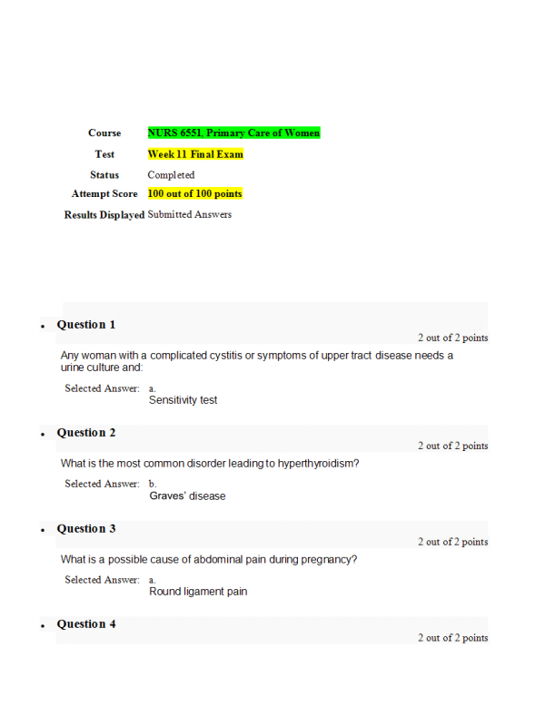 NURS 6551 Week 11 Final Exam (100 out of 100 Points Jun Term)