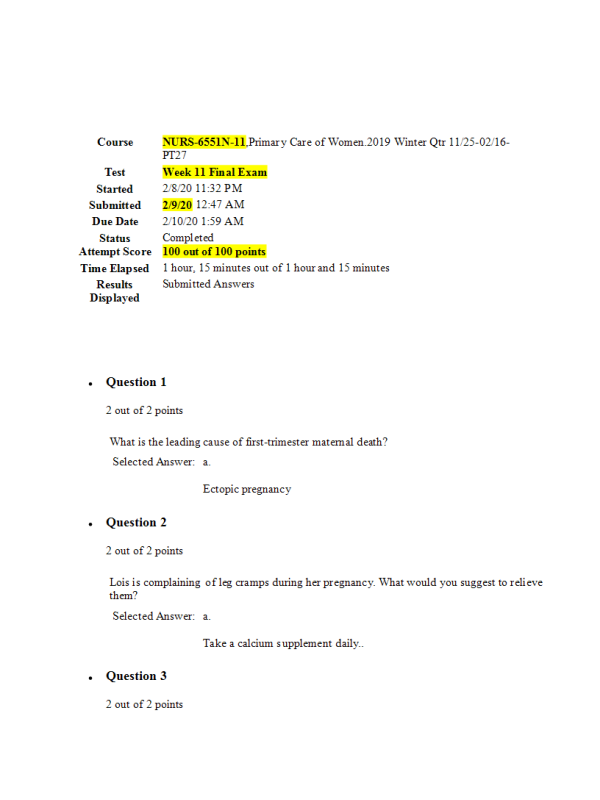 NURS 6551N-11,Primary Care of Women; Week 11 Final Exam (100 out of 100 Points)