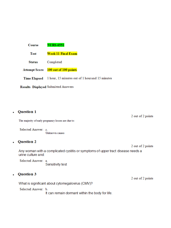 NURS 6551 Week 11 Final Exam (100 out of 100 Points August Term)