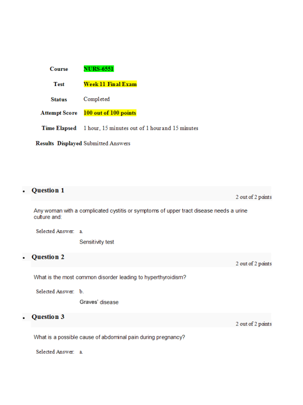 NURS 6551 Week 11 Final Exam (100 out of 100 Points May Term)