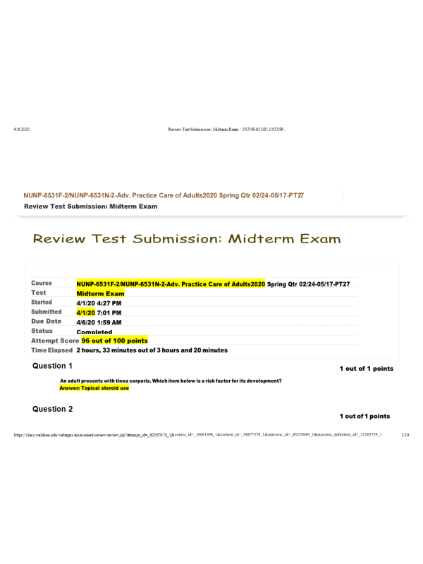 NUNP 6531F-2, NUNP 6531N-2; Exam - Week 6 Midterm (99% Correct)