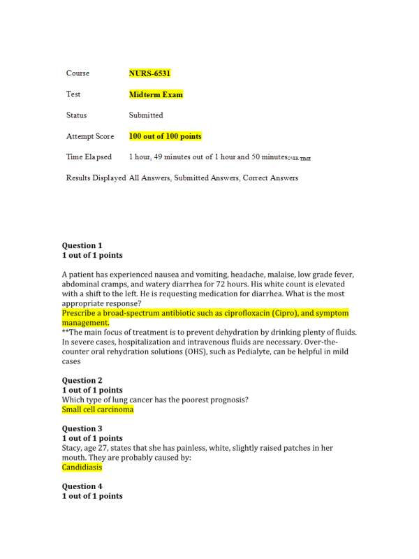NURS 6531 Week 6 Midterm Exam (100 out of 100 Points)