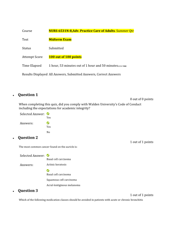 NURS 6531 Week 6 Midterm Exam (100 out of 100 Points)