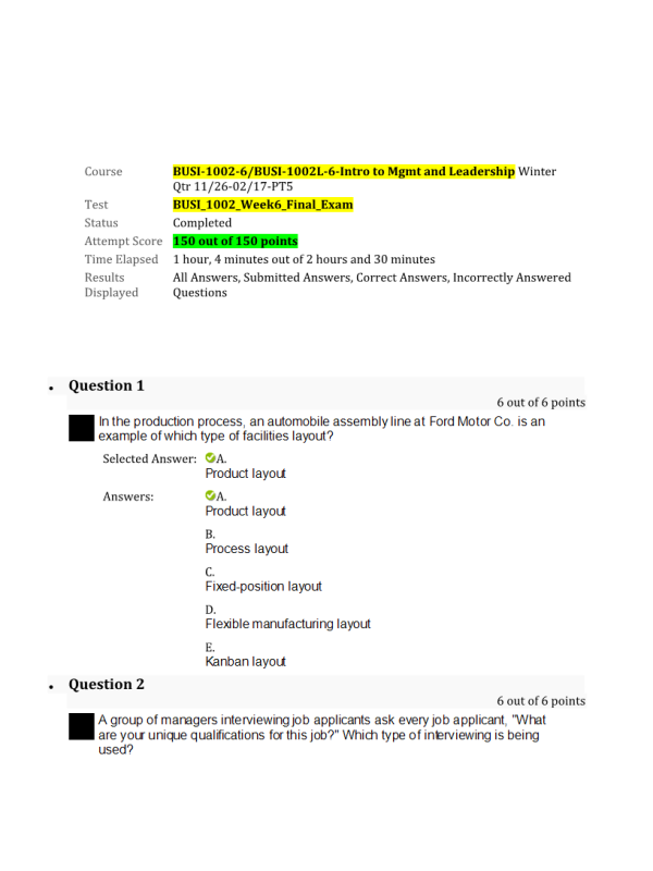 BUSI 1002-6, BUSI-1002L-6; Week 6 Final Exam (150 out of 150 Points)Winter Quarter