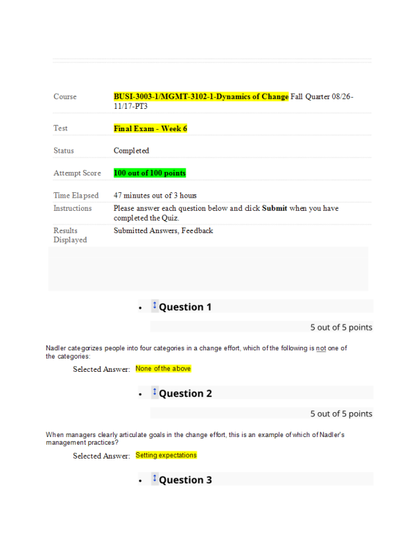 BUSI 3003-1, MGMT-3102-1; Week 6 Final Exam (100 out of 100 Points; Fall Quarter)