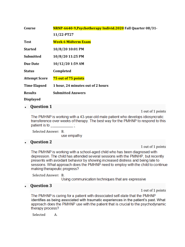 NRNP 6640-9 Exam - Week 6 Midterm Exam75 out of 75 Points (Fall Quarter)