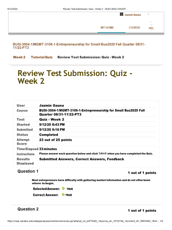 BUSI 3004 Week 2 QuizSpring Session