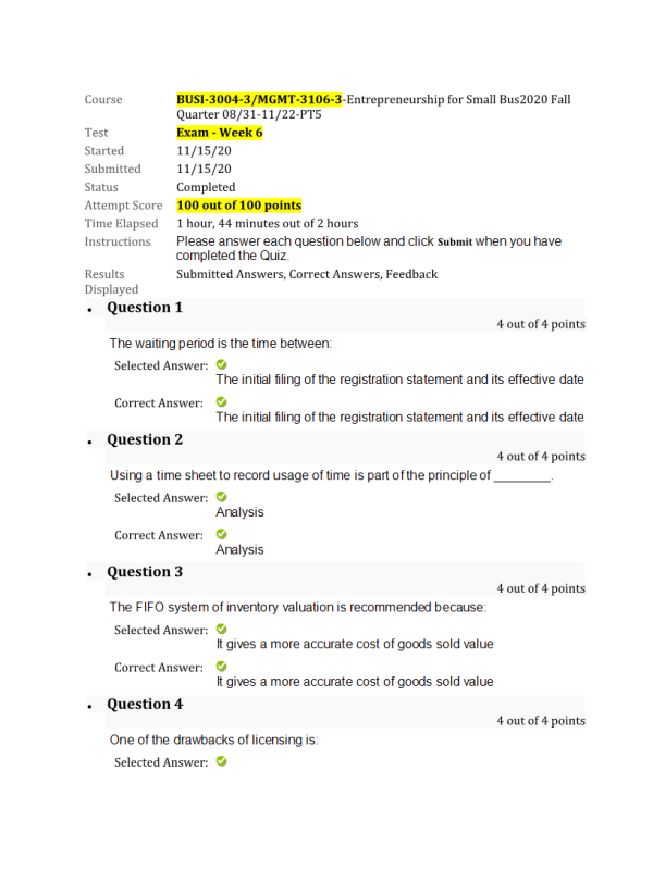 BUSI 3004-3, MGMT-3106-3-Entrepreneurship for Small Bus; Week 6 Final Exam (100% Correct)